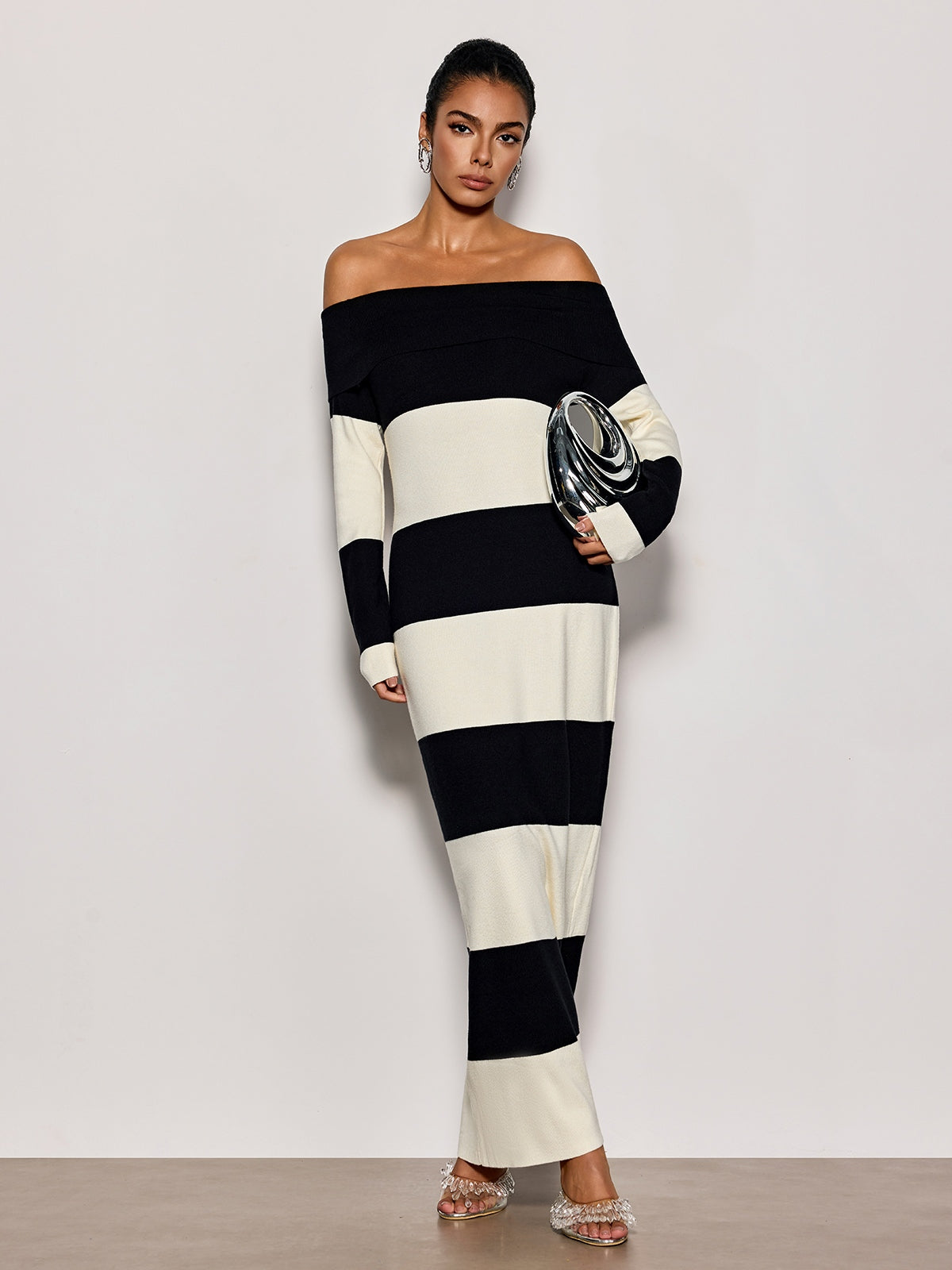 striped off the shoulder maxi dress Women's Black Stripe Textured Off the Shoulder Maxi Dress