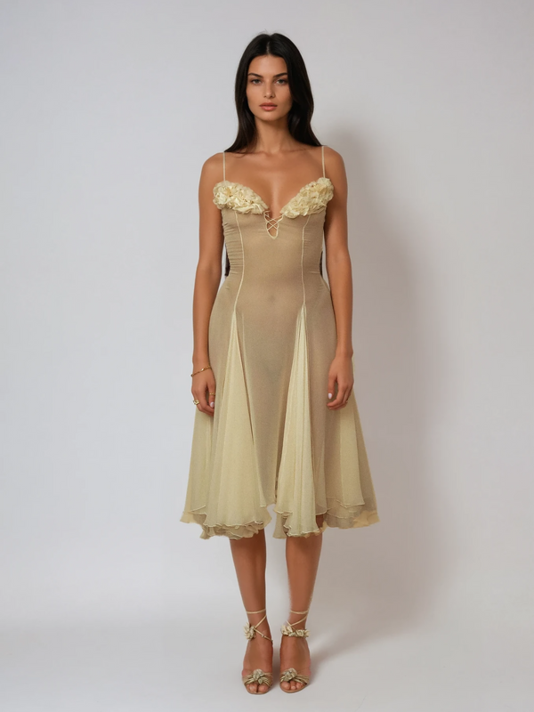 Kaveri Spaghetti Ruched Mesh Split Midi Dress