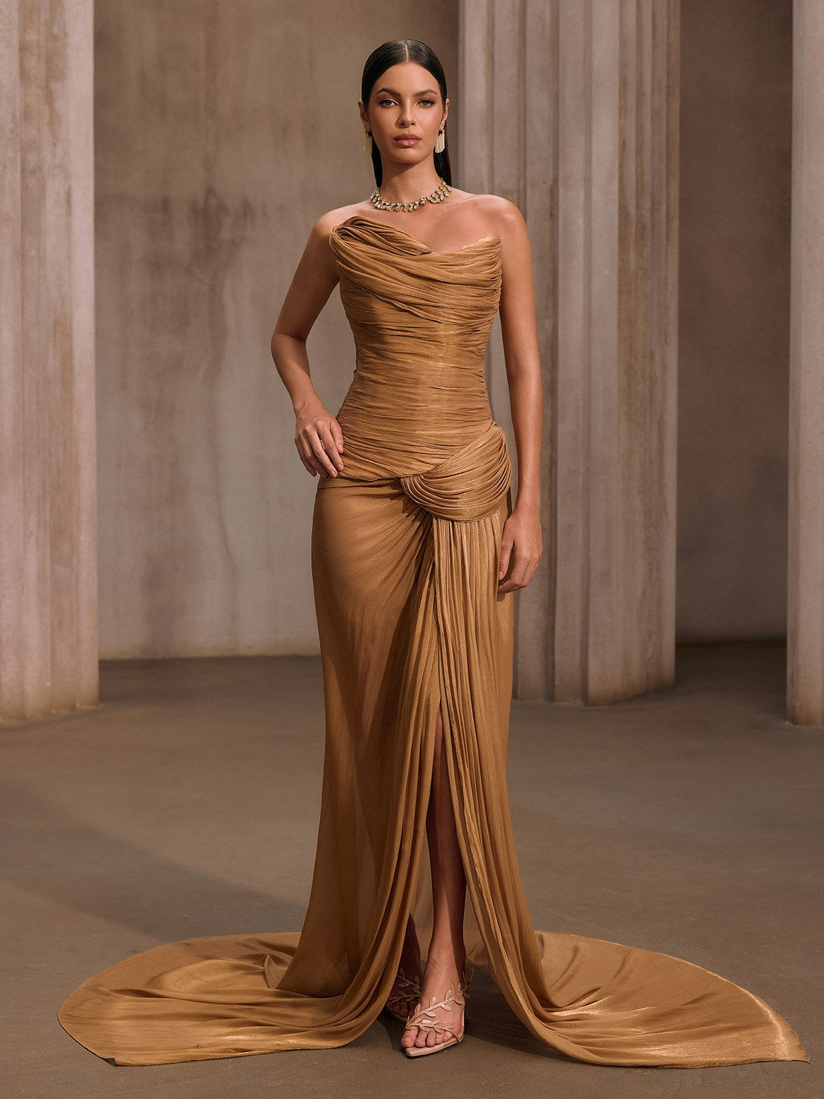 Mew Mews Kawasakix Strapless Ruched Split Maxi Dress In Gold