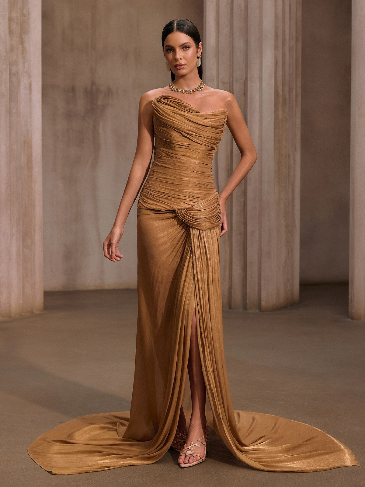 Mew Mews Kawasakix Strapless Ruched Split Maxi Dress In Gold Mew Mews Kawasakix Strapless Ruched Split Maxi Dress In Gold
