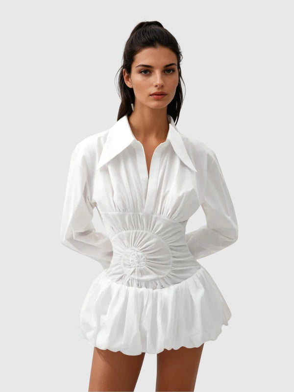 Kazra Folded Collar Ruched Bubble Mini Dress