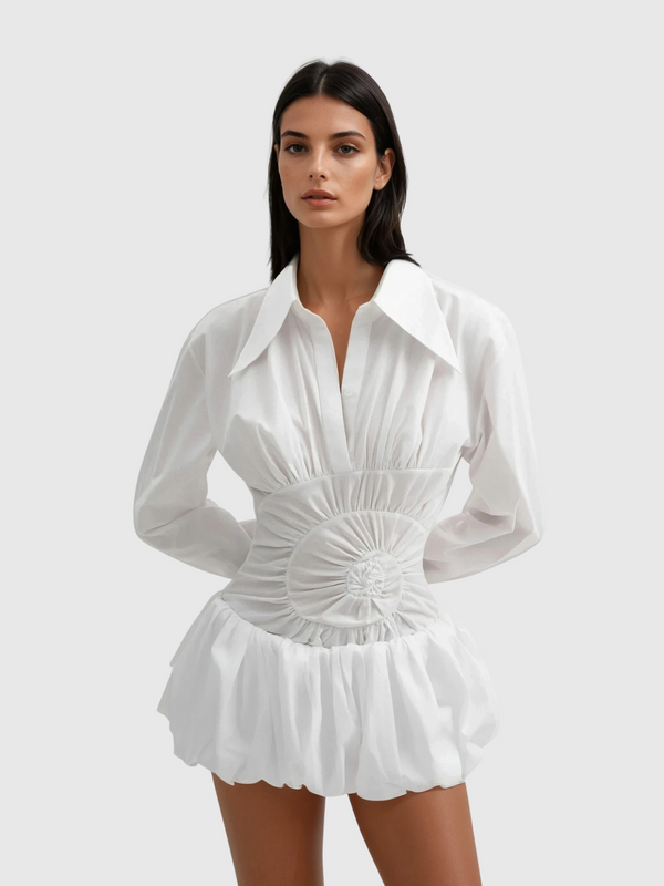 Kazra Folded Collar Ruched Bubble Mini Dress