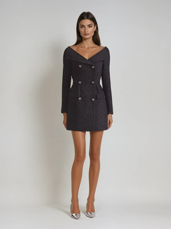 Keldyshon V Neck Tweed Mini Dress