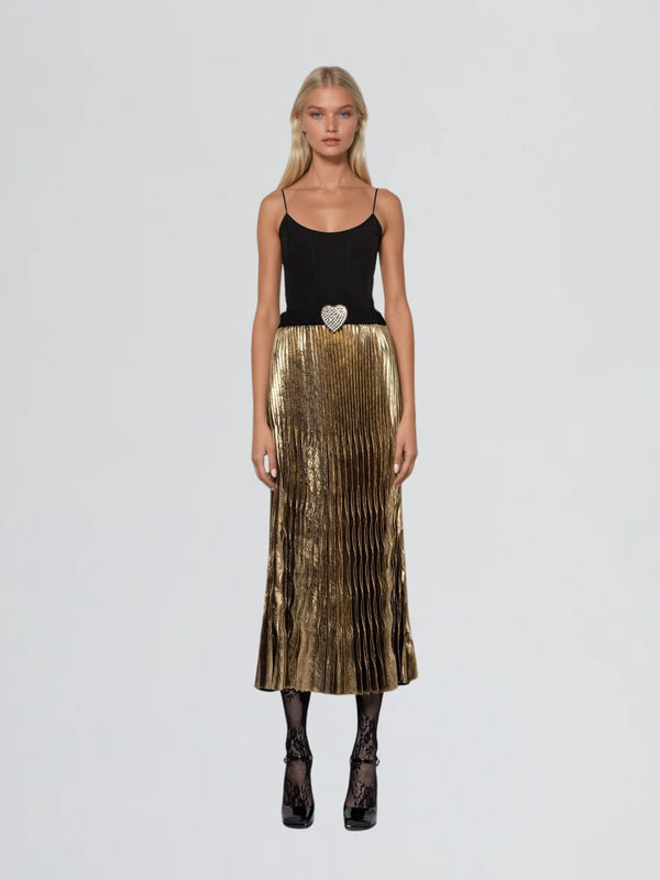 Kernigan Pleated Metallic Skirt In Gold