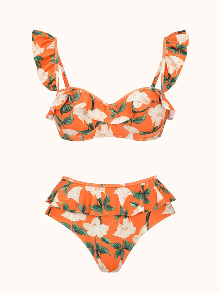 Kesia Ruffle Printed Bikini Three Piece Set - Mew Mews