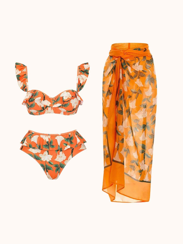 Kesia Ruffle Printed Bikini Three Piece Set - Mew Mews