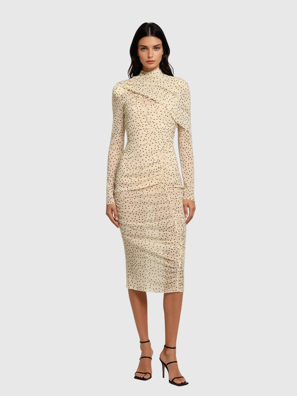 Kexia High Neck Shawl Ruched Dot Midi Dress