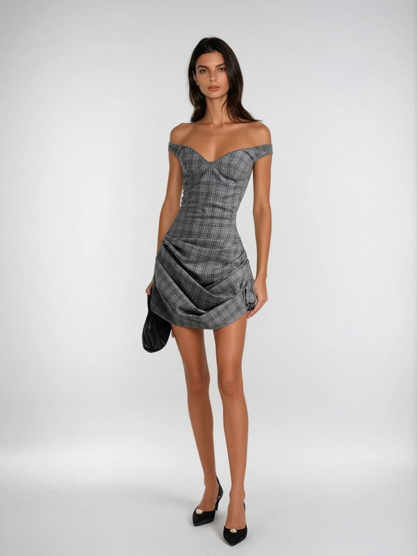 Kochrix Off Shoulder Plaid Ruched Mini Dress