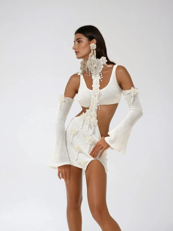 Kolmogor Bell Sleeves Flower Knit Skirt Set