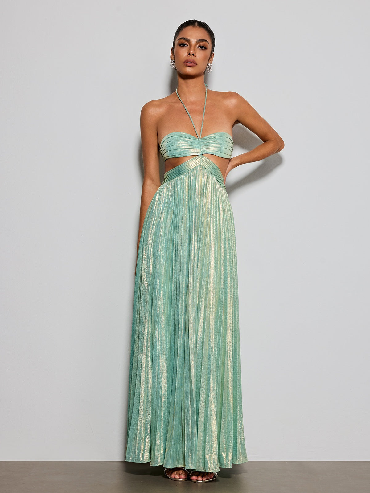 metallic teal dress Mew Mews Koryxin Cutout Pleated Maxi In Mardi Grass Sweetheart Lace Bow Reception formal event Care Size:4-tall