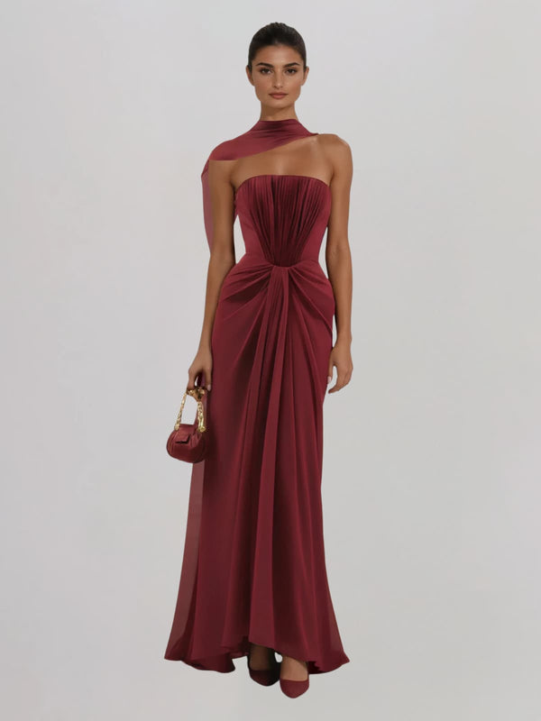 Kozaia Strapless Pleated Scarf Maxi Dress