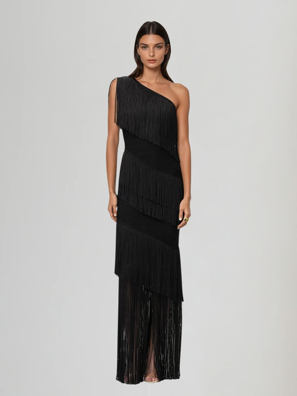 Kreutzix One Shoulder Fringe Bandage Maxi Dress