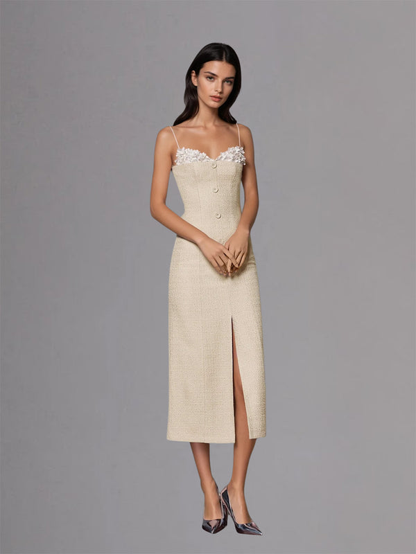 Kuratox Spaghetti Flower Split Midi Dress In Apricot