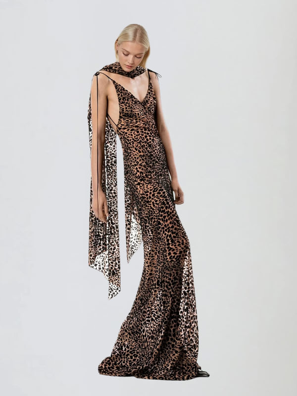 Kymatra Scarf V Neck Leopard Maxi Dress