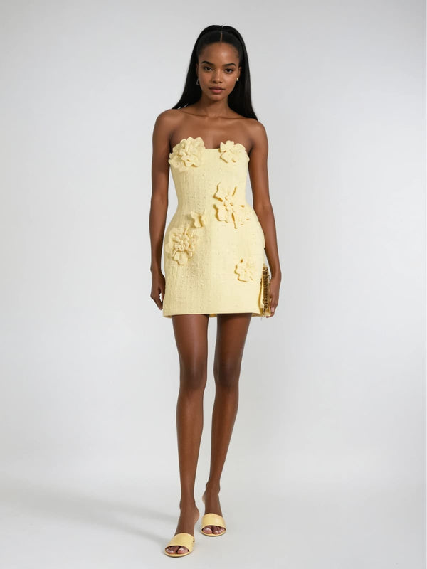 Kyrx Strapless Flower Mini Dress In Butter Yellow