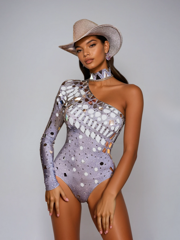 Laelara One Shoulder Acrylic Rhinestone Bodysuit