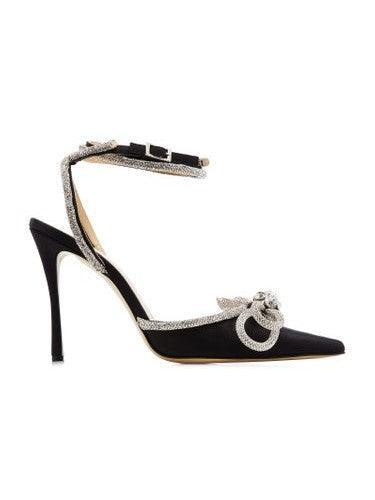 Laila Bow Crystal Satin Heels In Black - Mew Mews Fashion