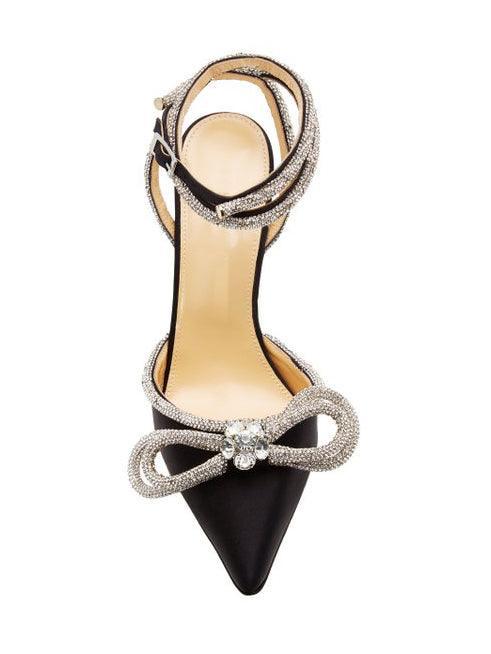Laila Bow Crystal Satin Heels In Black - Mew Mews Fashion