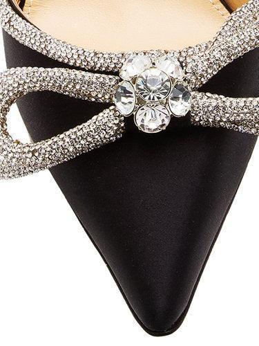 Laila Bow Crystal Satin Heels In Black - Mew Mews Fashion