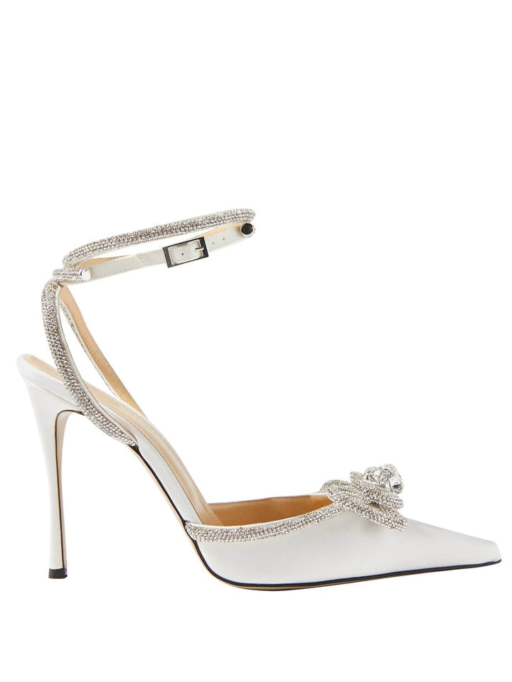 Laila Bow Crystal Satin Heels In White - Mew Mews