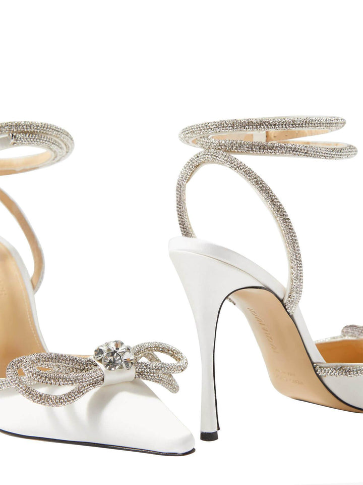 Laila Bow Crystal Satin Heels In White - Mew Mews