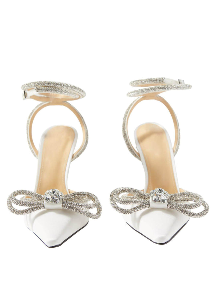 Laila Bow Crystal Satin Heels In White - Mew Mews