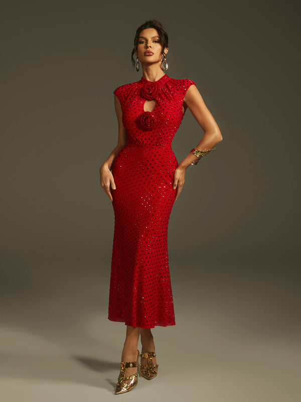 Lanesia Sleeveless Flower Rhinestone Midi Dress