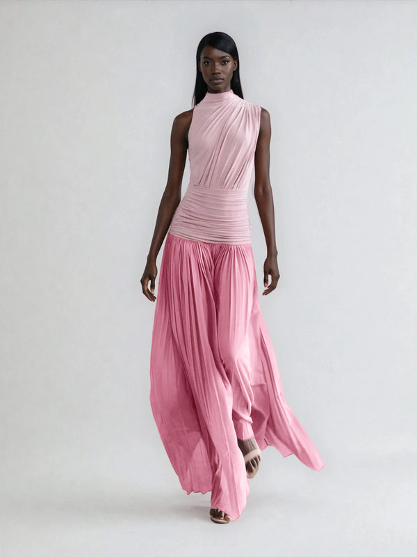 Larmora Sleeveless Ruched Pleated Maxi Dress