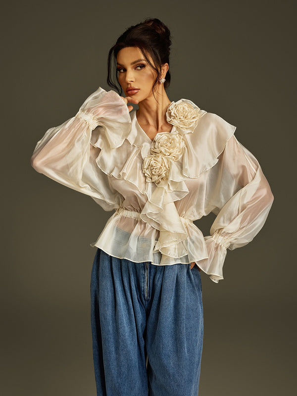 Larya Flare Sleeve Flower Ruffle Top