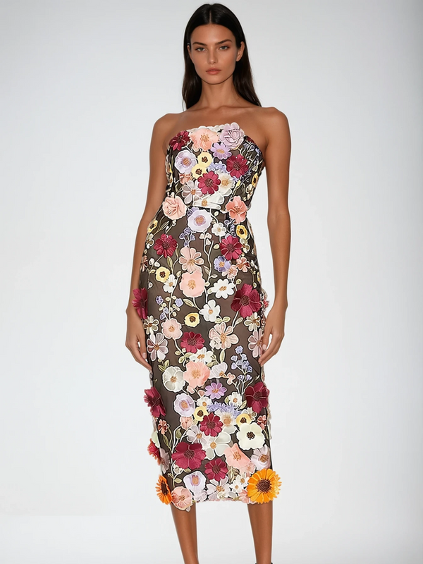 Latasha Strapless Flower Embroidered Maxi Dress