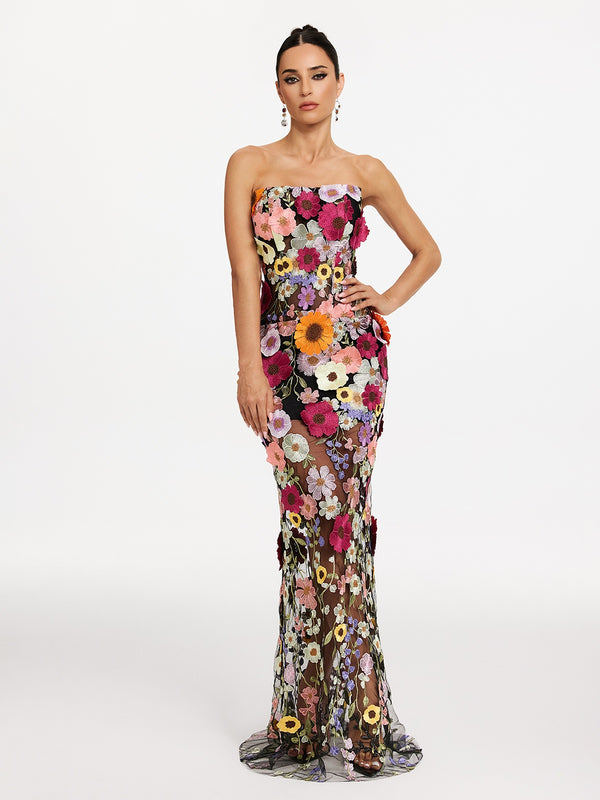 Latasha Strapless Flower Embroidered Maxi Dress