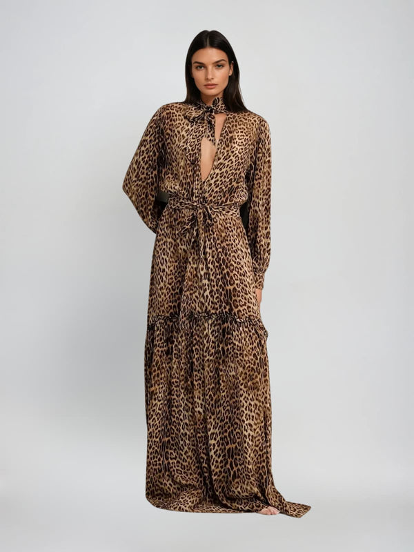Latiece Long Sleeve Leopard Midi Dress