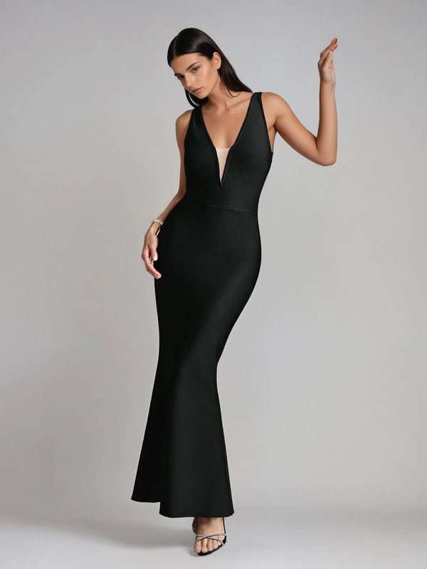 Latticeon V Neck Fringe Bandage Maxi Dress