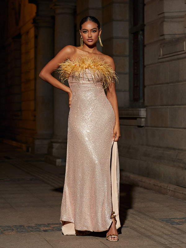 Laurell Strapless Feather Sequin Maxi Dress
