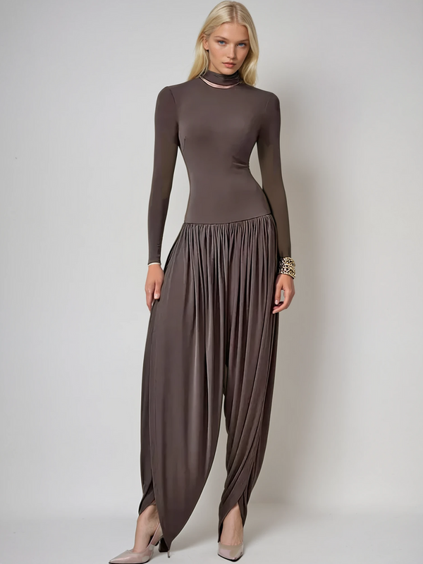 Laurien Long Sleeve Ruched Jumpsuit In Coffee