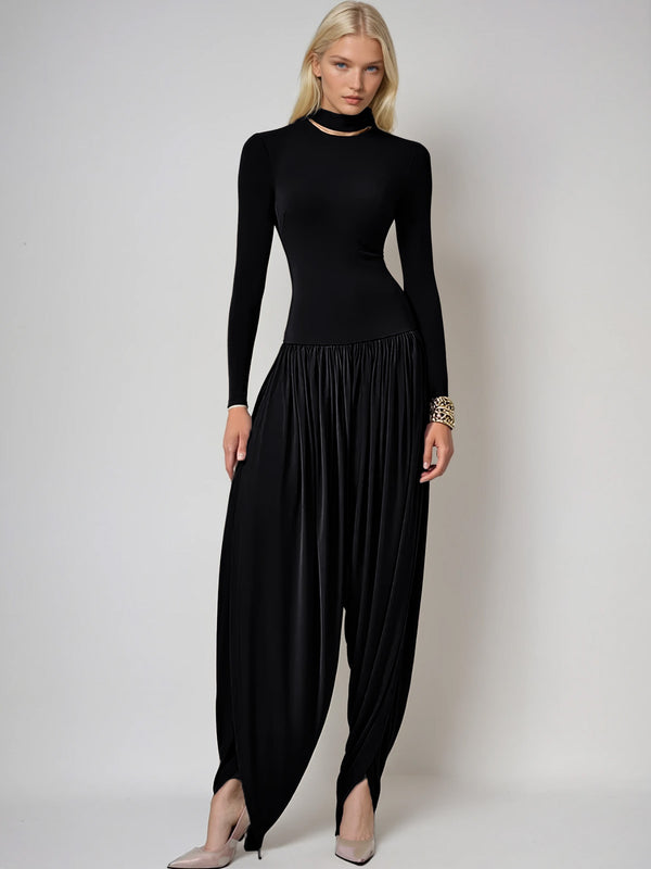 Laurien Long Sleeve Ruched Jumpsuit In Black