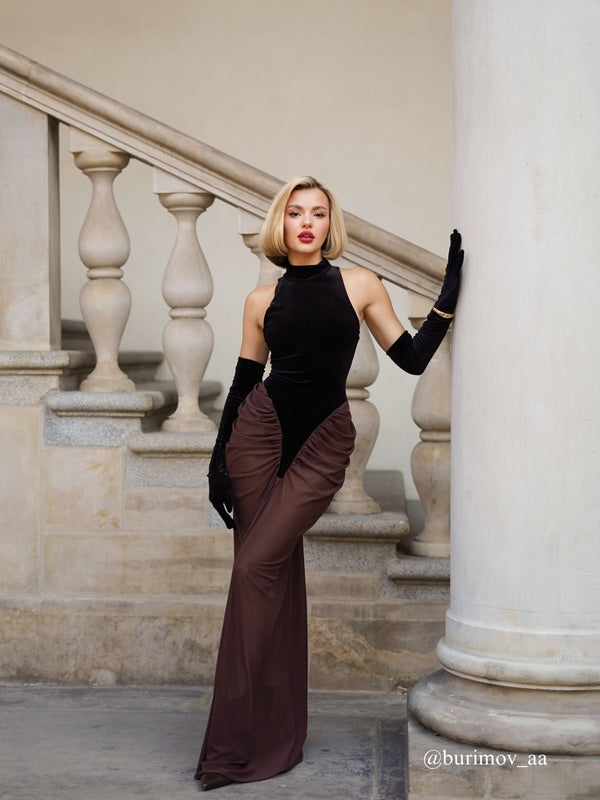 Lenore Halterneck Velvet Maxi Dress With Gloves