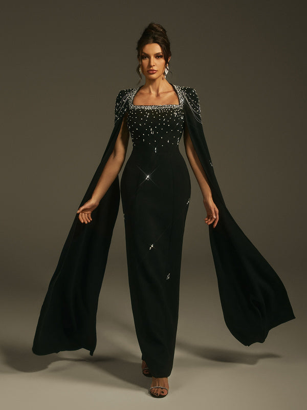 Leola Cape Sleeve Rhinestone Maxi Dress