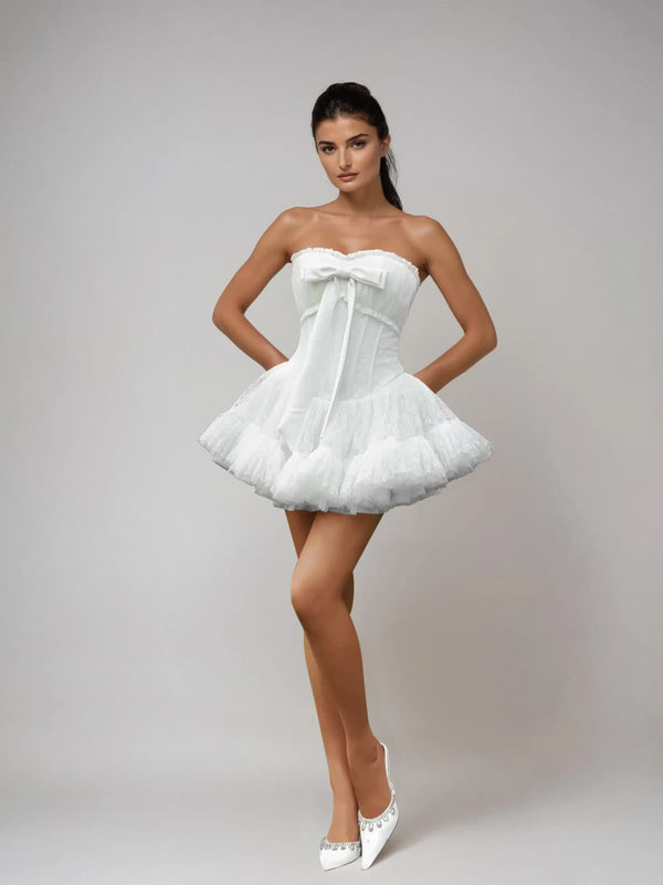 Lerayon Strapless Corset Bow Mini Dress In White