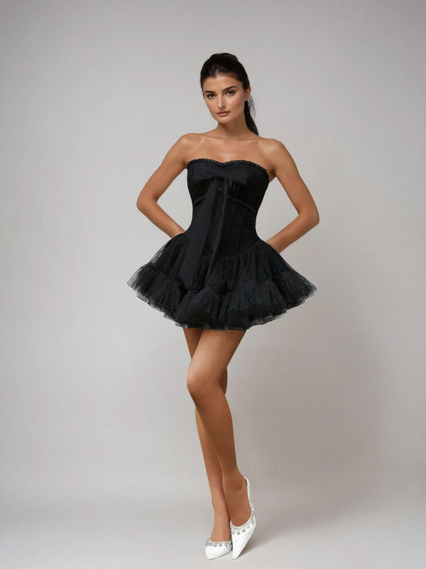 Lerayon Strapless Corset Bow Mini Dress In Black