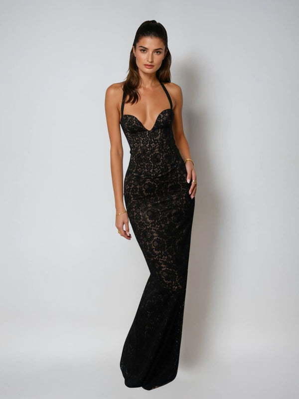 Lifshitz Halterneck Floral Lace Up Maxi Dress