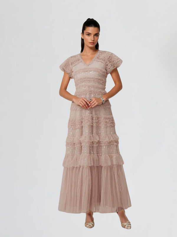 Ligandix Puff Sleeve Sequin Mesh Maxi Dress