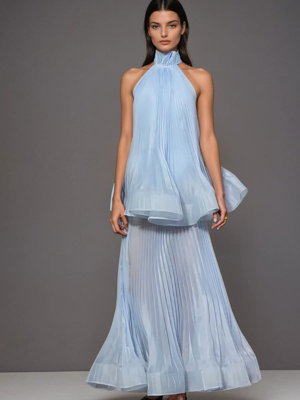 Lindita Halterneck Pleated Tiered Maxi Dress