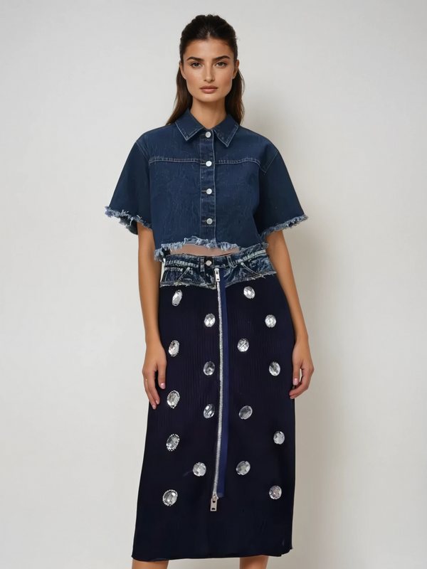 Linen Crystal Denim Skirt