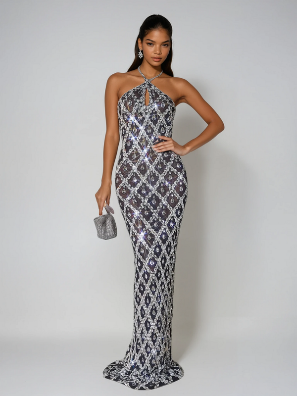 Liora Backless Sequin Crystal Maxi Dress In Black