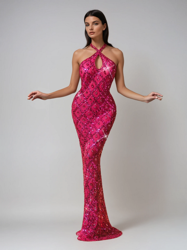 Liora Backless Sequin Crystal Maxi Dress In Hot Pink