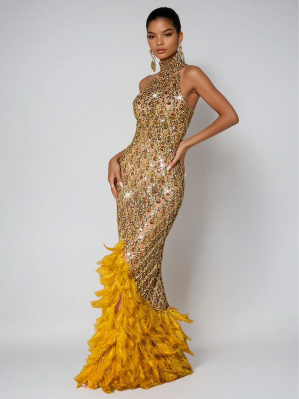 Liora Crystal Feather Mesh Maxi Dress In Gold