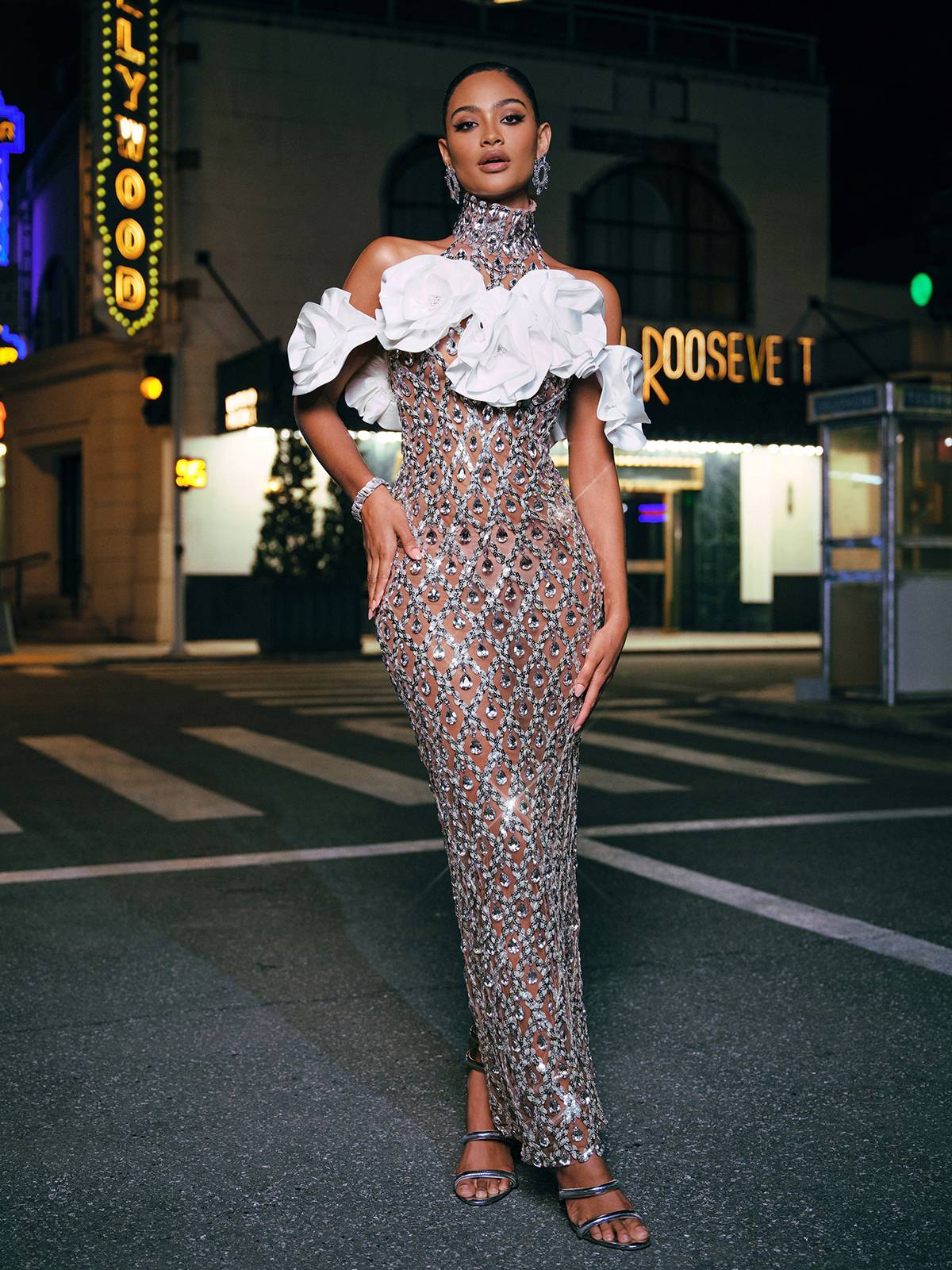 Miriam Sleeveless Crystal Feather Sequin Maxi Dress
