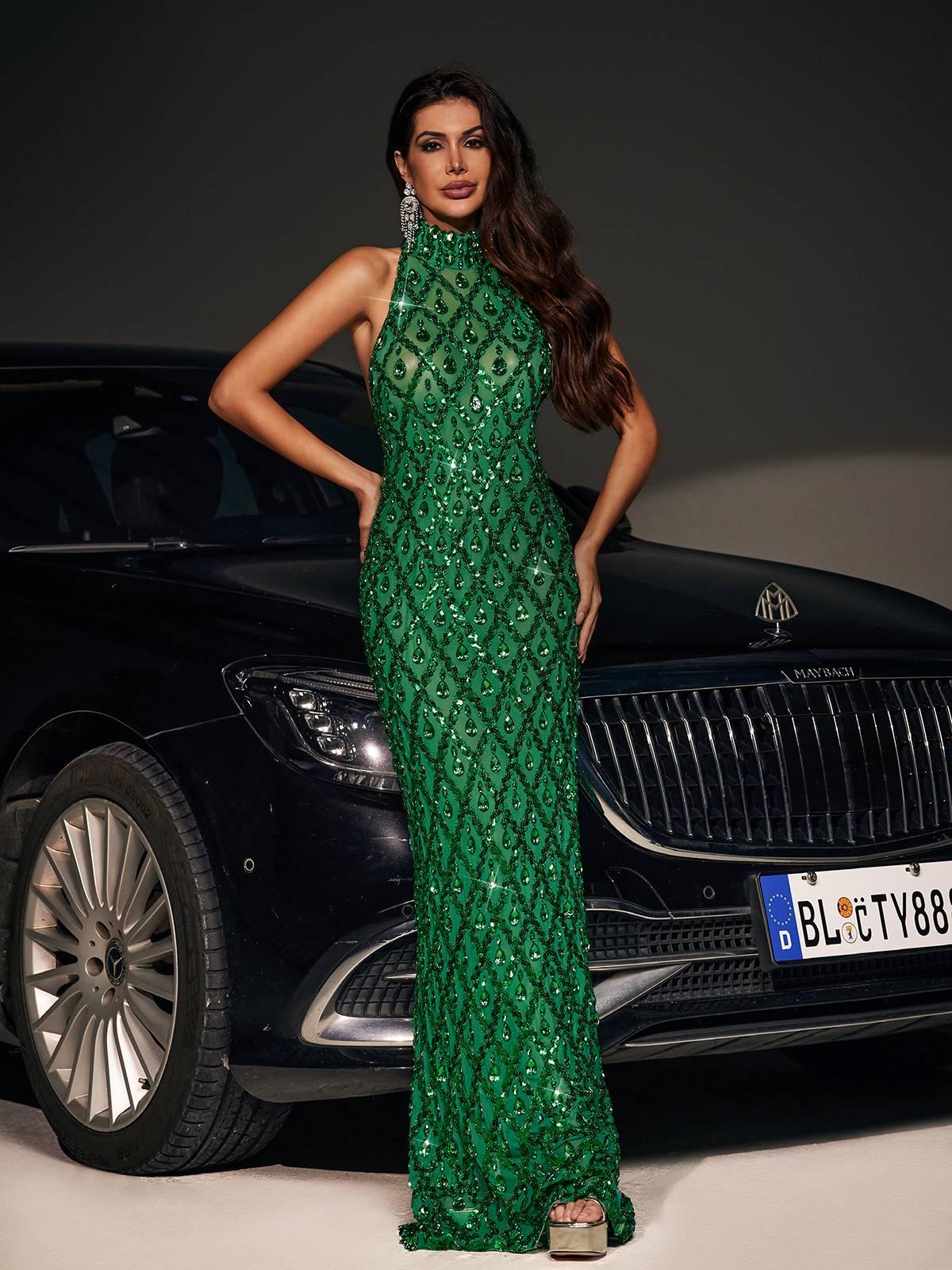 Liora Sequin Crystal Maxi Dress In Green – Mew Mews