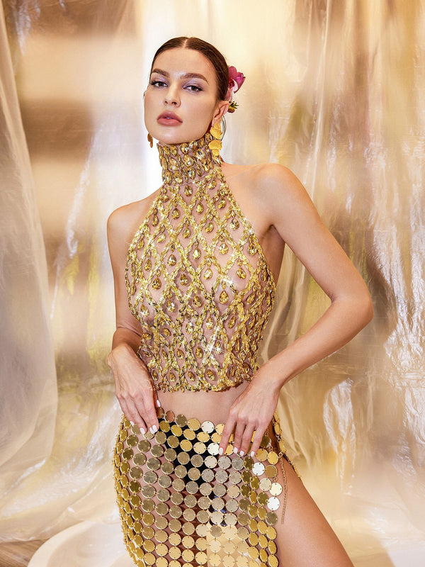 Liora Sequin Crystal Top In Gold